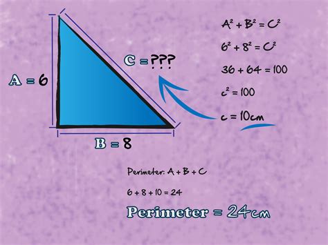 For a triangle with sides a , b and c, the perimeter P is defined as. Look at your triangle and determine the lengths of the three sides. For Example: Let three sides of a traingle is a = 5 cm, b = 4 cm, c = 2 cm. Add the three side lengths together to find the perimeter. Make sure to add units to your final answer. Therefore, the answer is 11 cm.